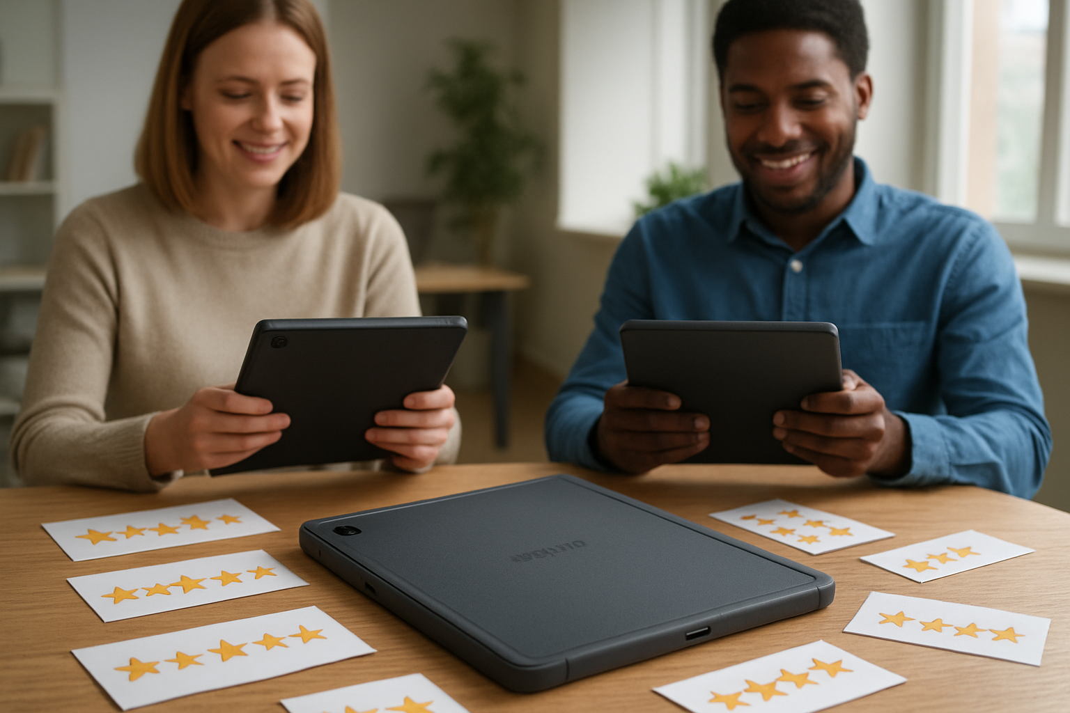 Create a realistic image of a Samsung Galaxy Tab A9+ tablet with a protective case lying on a wooden desk, surrounded by multiple customer review cards and rating stars scattered around it, with a diverse group of people in the background including a white female and black male holding similar tablets with cases, showing natural expressions of satisfaction while using their devices in a modern office environment with soft natural lighting from a window. Absolutely NO text should be in the scene.