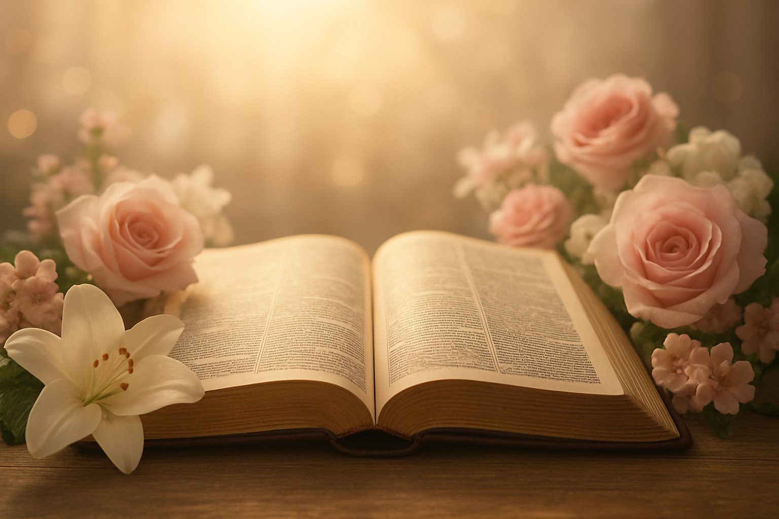 Create a realistic image of an open Bible with soft golden sunlight streaming across its pages, surrounded by delicate pink and white flowers like roses and lilies, with a gentle bokeh background in warm cream and soft pink tones, conveying a peaceful and reverent atmosphere perfect for Mother's Day celebration, with the lighting creating a warm heavenly glow that emphasizes the sacred nature of motherhood and biblical wisdom, absolutely NO text should be in the scene.