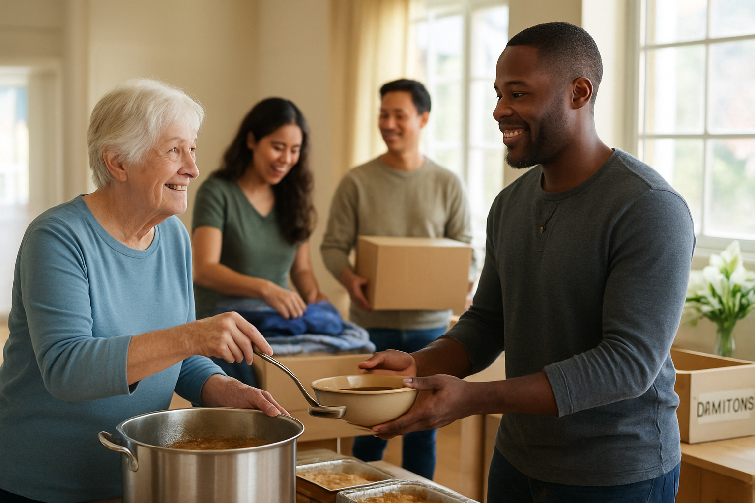 Create a realistic image of diverse people of different races and genders volunteering together in a community setting, with a white elderly woman serving food from a large pot to a black male recipient holding a bowl, while a Hispanic female volunteer sorts donated clothing in the background, and an Asian male volunteer carries boxes of supplies, all wearing casual clothes and warm smiles, set in a bright community center with natural lighting streaming through windows, wooden tables with food containers and donation boxes visible, creating an atmosphere of warmth, kindness and Christian service during springtime with subtle Easter lily flowers on a side table, absolutely NO text should be in the scene.