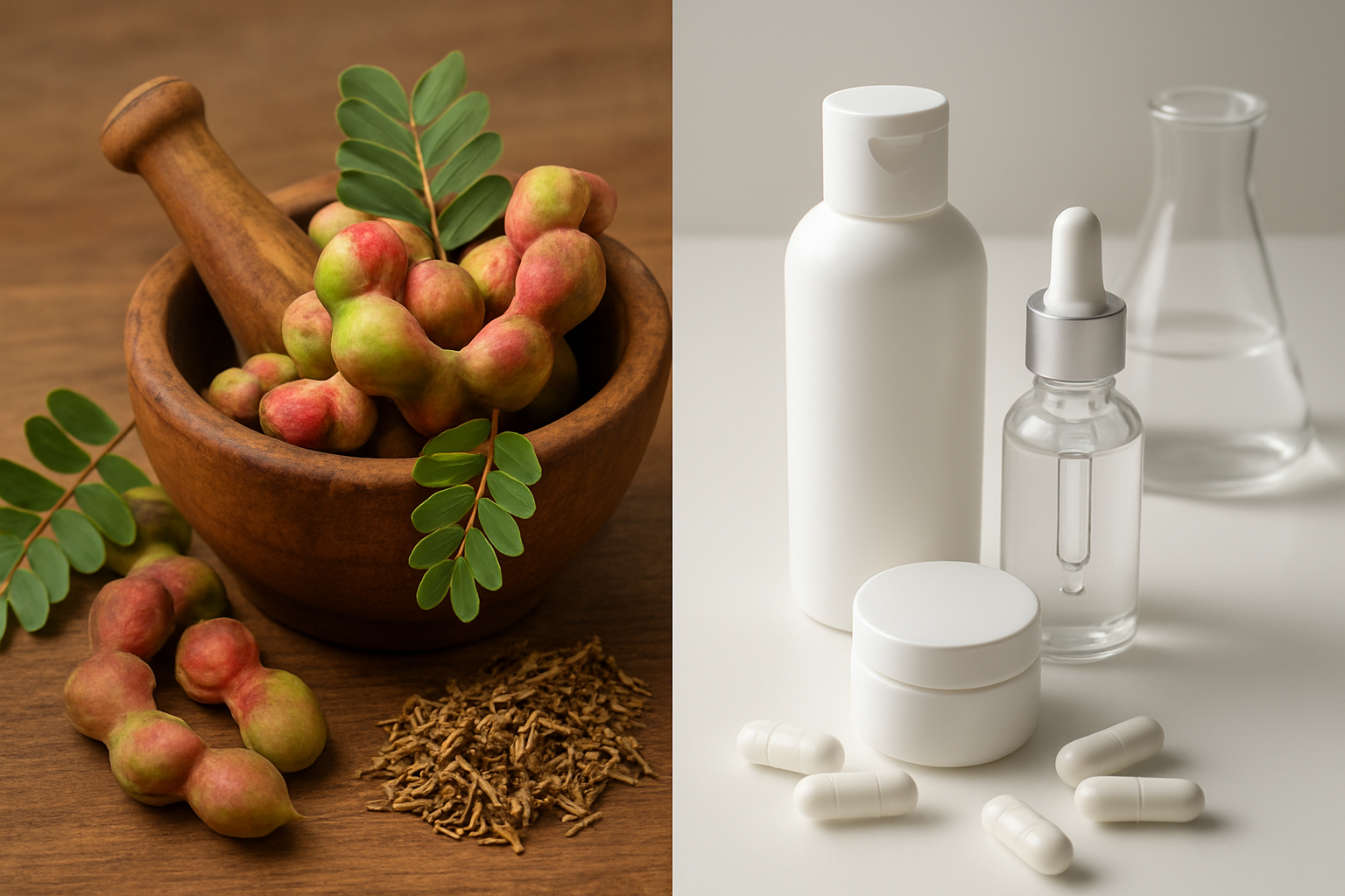 Create a realistic image of a split composition showing traditional and modern uses of Manila tamarind, featuring fresh Manila tamarind pods and leaves on wooden mortar and pestle alongside dried herbs on the left side representing traditional medicine, and modern skincare products, capsules, and scientific equipment on a clean white surface on the right side, with soft natural lighting highlighting the contrast between rustic and contemporary applications, warm earthy tones transitioning to clean modern aesthetics, absolutely NO text should be in the scene.