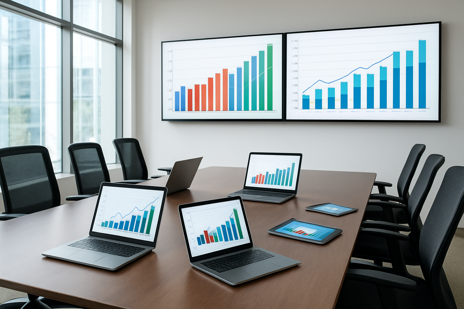 Create a realistic image of a modern conference room with large wall-mounted screens displaying colorful bar charts and line graphs showing upward trending sales data, with laptops and tablets on a sleek conference table showing analytics dashboards, professional business atmosphere with bright natural lighting from windows, clean corporate environment with charts and data visualizations prominently featured, absolutely NO text should be in the scene.