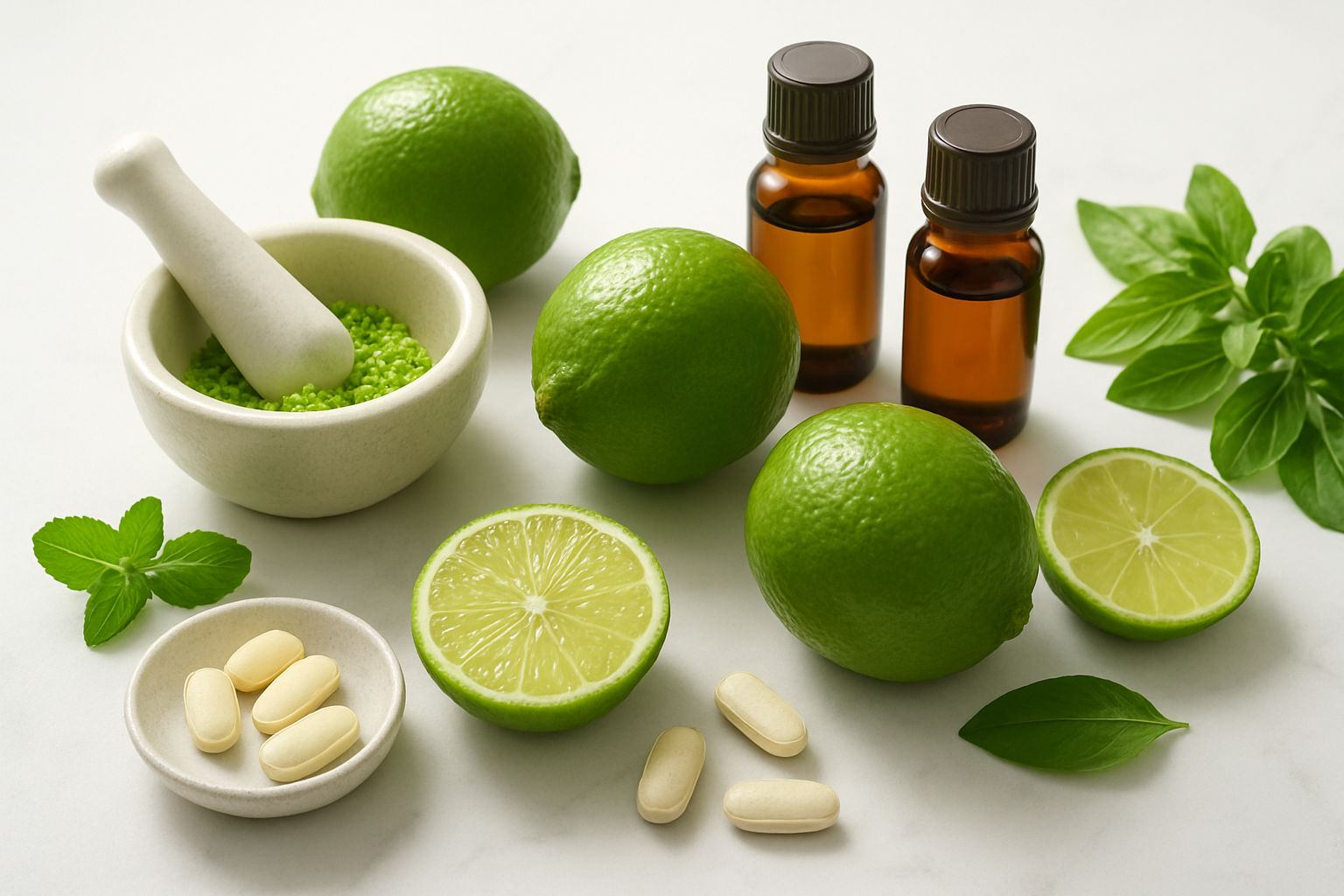 Create a realistic image of fresh lime fruits artistically arranged alongside natural health and wellness elements including essential oil bottles, herbal supplements, fresh lime slices, a mortar and pestle with lime zest, vitamin C tablets, and green leafy herbs on a clean white marble surface with soft natural lighting from above, complemented by subtle green accents and a minimalist spa-like atmosphere that conveys therapeutic and medicinal applications, absolutely NO text should be in the scene.