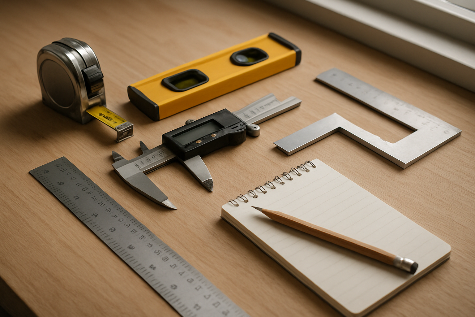 Create a realistic image of essential window measuring tools laid out on a clean wooden work surface, including a metal tape measure, digital calipers, a steel ruler, a level, a square tool, and a notepad with pencil, with soft natural lighting from a nearby window casting gentle shadows, showing the tools in sharp detail against a neutral background, Absolutely NO text should be in the scene.