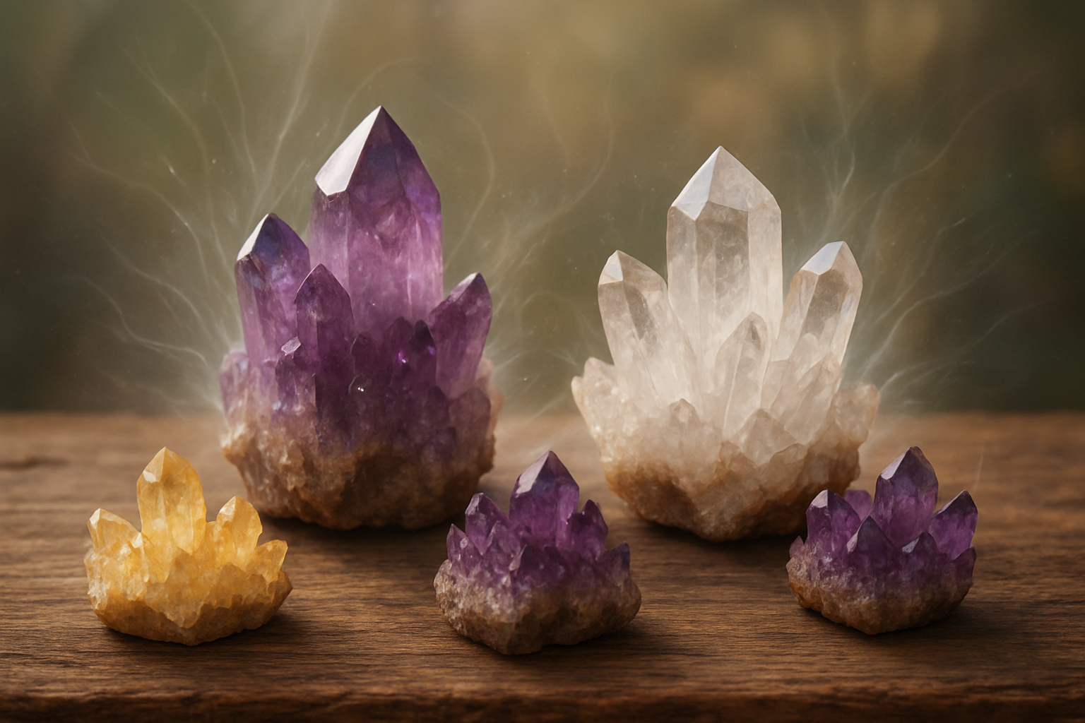 Create a realistic image of multiple crystal clusters of varying sizes arranged on a natural wooden surface, featuring amethyst, clear quartz, and citrine clusters with their characteristic pointed formations and rough natural bases, surrounded by soft ethereal light rays and subtle energy wisps emanating outward from each cluster, set against a softly blurred natural background with warm ambient lighting that highlights the translucent qualities and internal structures of the crystals, creating a mystical yet grounding atmosphere that suggests expansive energy fields radiating from the crystal formations, absolutely NO text should be in the scene.