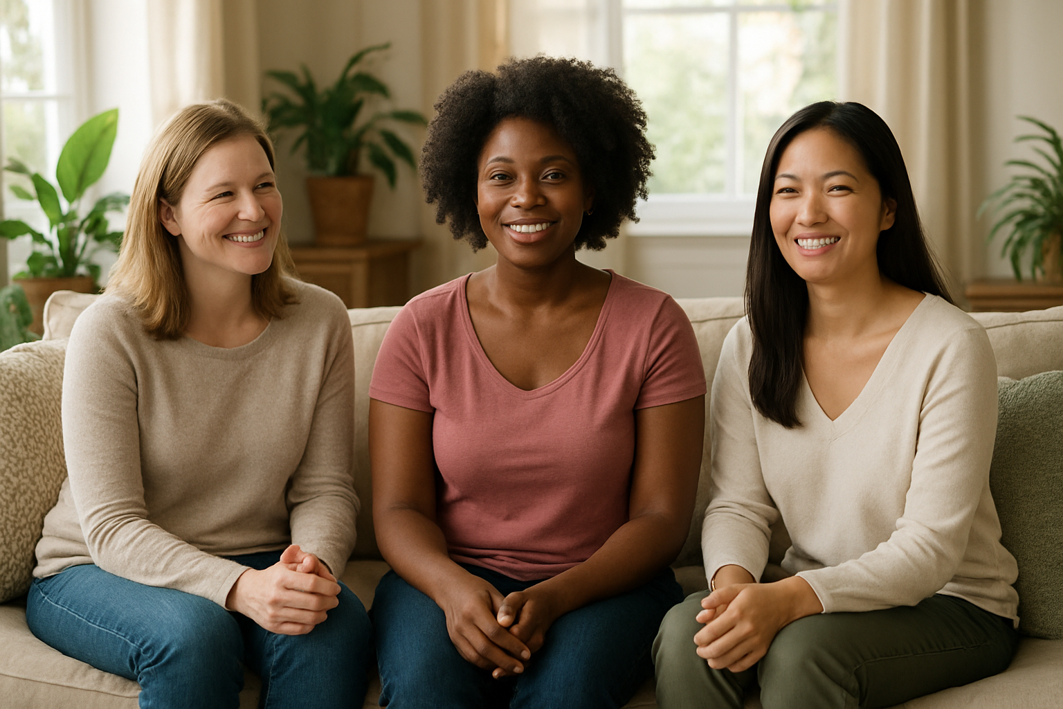 Create a realistic image of a diverse group of mothers sitting in a comfortable, warm living room setting, including a white woman, a black woman, and an Asian woman, all appearing calm and empowered, with soft natural lighting streaming through windows, comfortable cushions and plants in the background, showing genuine smiles and relaxed body language that conveys hope, support, and mental wellness, with a peaceful and uplifting atmosphere that represents recovery and community connection, absolutely NO text should be in the scene.