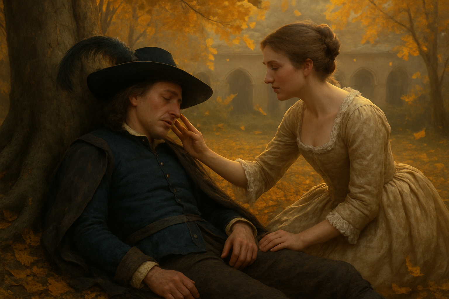 Create a realistic image of a white male figure in 17th century French costume with a large feathered hat and distinctive nose lying weakly against autumn tree roots, while a white female figure in an elegant period dress kneels beside him with her hand reaching toward his face in a gesture of tender realization, set in a convent garden with golden autumn leaves falling around them, warm late afternoon sunlight filtering through the trees creating a melancholic and emotionally charged atmosphere of revelation and tragic romance, absolutely NO text should be in the scene.