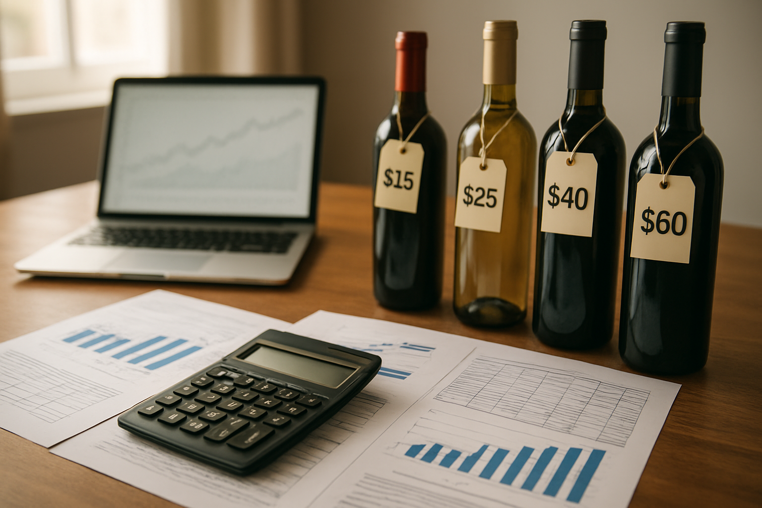 Create a realistic image of a modern desk setup with a calculator, financial charts, and price comparison spreadsheets scattered across a clean wooden surface, alongside several wine bottles of different price ranges displaying various price tags, with a laptop computer showing a graph or spreadsheet in the background, warm natural lighting from a nearby window, and a professional business atmosphere suggesting financial analysis and value assessment. Absolutely NO text should be in the scene.