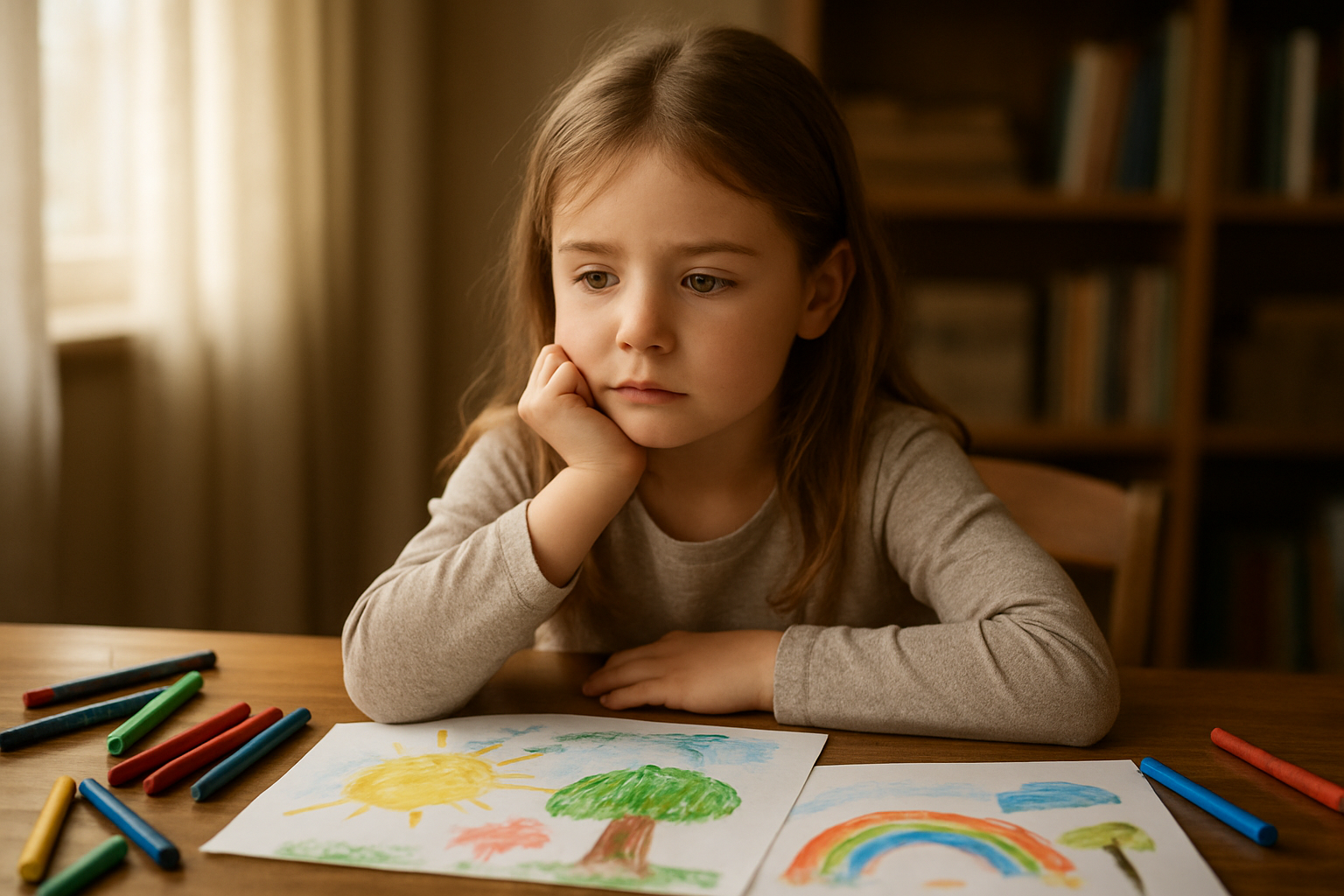 Create a realistic image of a young white female child around 8 years old sitting at a wooden table, looking thoughtfully at colorful drawings spread in front of her, with crayons and markers scattered around, soft natural lighting from a nearby window creating a warm atmosphere, the child's expression showing contemplation and curiosity, background showing a cozy home environment with bookshelves, the scene capturing the moment of creative decision-making and artistic inspiration, absolutely NO text should be in the scene.
