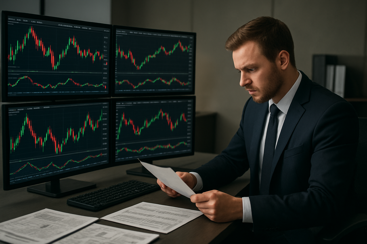 Create a realistic image of a modern financial workspace showing multiple computer monitors displaying colorful stock market charts with dramatic price fluctuations, red and green candlestick patterns, and volatile trend lines, alongside a professional white male analyst in business attire studying portfolio documents on a clean desk, with a sophisticated office background featuring financial newspapers and investment reports, professional lighting creating a focused atmosphere, conveying the dynamic and unpredictable nature of market movements and their impact on investment portfolios, absolutely NO text should be in the scene.