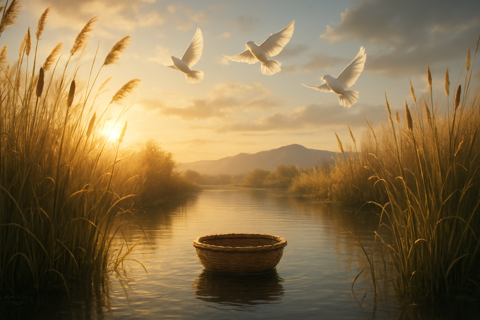 Create a realistic image of a serene river scene at golden hour with gentle sunlight filtering through reeds and cattails along the water's edge, a small woven basket floating peacefully on calm water surrounded by protective vegetation, distant mountains creating a peaceful backdrop, warm amber and soft blue lighting creating a hopeful and trusting atmosphere, symbolizing faith and divine protection during difficult times, with doves flying overhead against a partly cloudy sky, absolutely NO text should be in the scene.