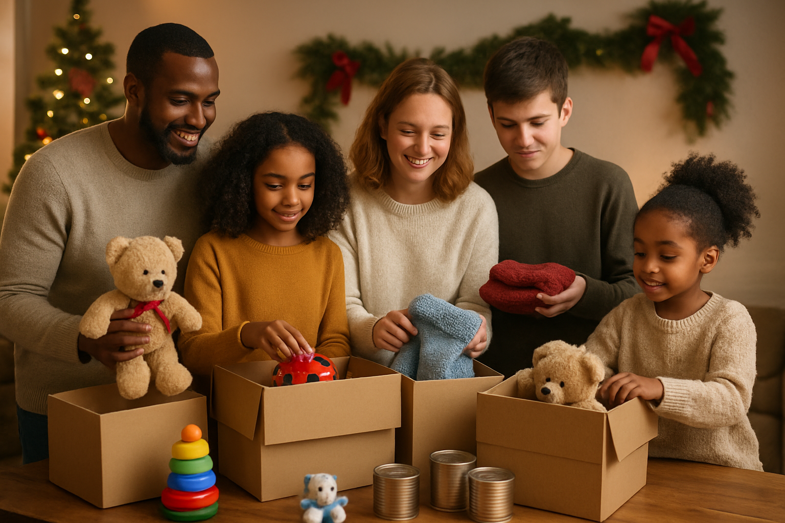 Create a realistic image of a diverse family including white and black adults and children of various ages gathered around a wooden table sorting and packing donated toys, warm winter clothing, and canned food items into cardboard donation boxes, with Christmas decorations like a pine garland and red ribbons visible in the background, warm indoor lighting creating a cozy atmosphere that emphasizes the spirit of giving and togetherness during the holiday season, absolutely NO text should be in the scene.