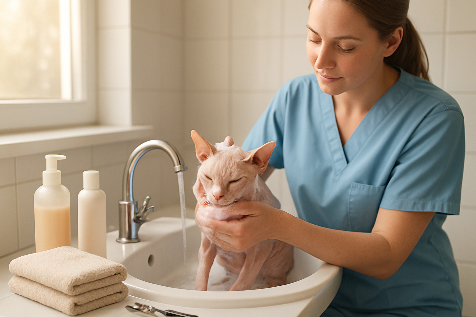 Create a realistic image of a hairless Sphynx cat being gently bathed in a modern bathroom sink by a white female veterinarian or groomer wearing light blue scrubs, with grooming supplies like special cat shampoo bottles, soft towels, and nail clippers arranged on the counter nearby, warm natural lighting from a window, peaceful and caring atmosphere, the cat appearing calm and comfortable, clean white bathroom tiles in background, absolutely NO text should be in the scene.
