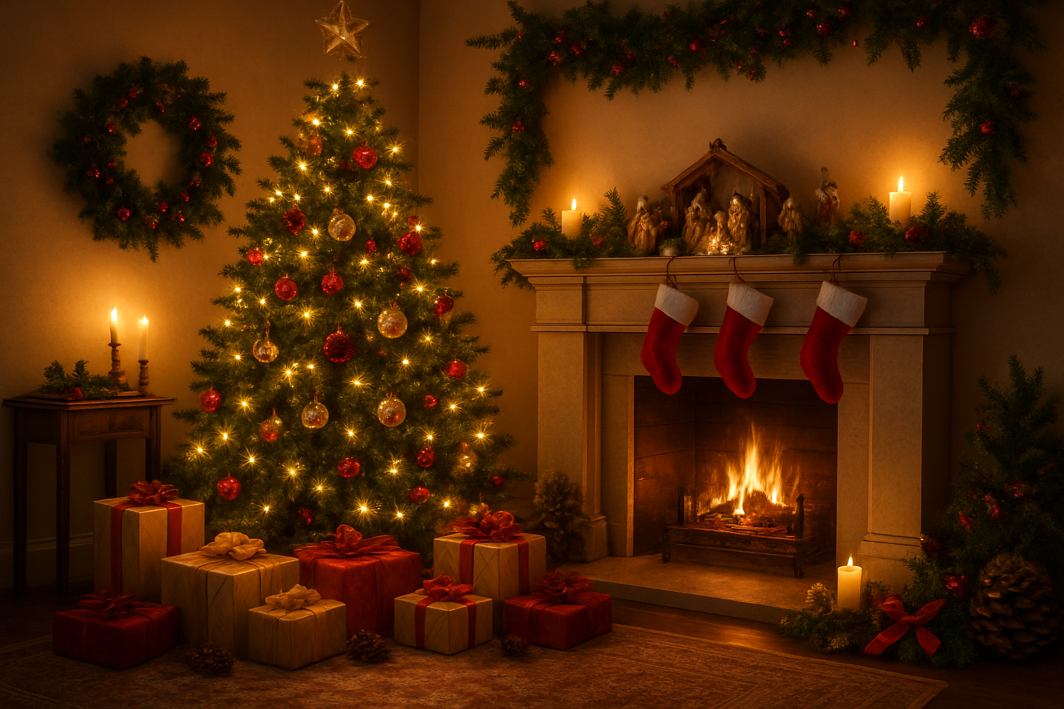 Create a realistic image of a festive Christmas scene showcasing the twelve days of Christmas celebration with a beautifully decorated Christmas tree still glowing with warm golden lights, wrapped presents underneath, traditional Christmas decorations including holly, ivy, and evergreen garlands adorning a cozy living room, a fireplace with stockings hung nearby, candles providing soft ambient lighting, elegant gold and red ornaments, a nativity scene displayed on a mantelpiece, and subtle holiday elements like pine cones and ribbons scattered throughout the scene, all captured in warm, inviting indoor lighting that emphasizes the continuation of Christmas festivities beyond December 25th, absolutely NO text should be in the scene.