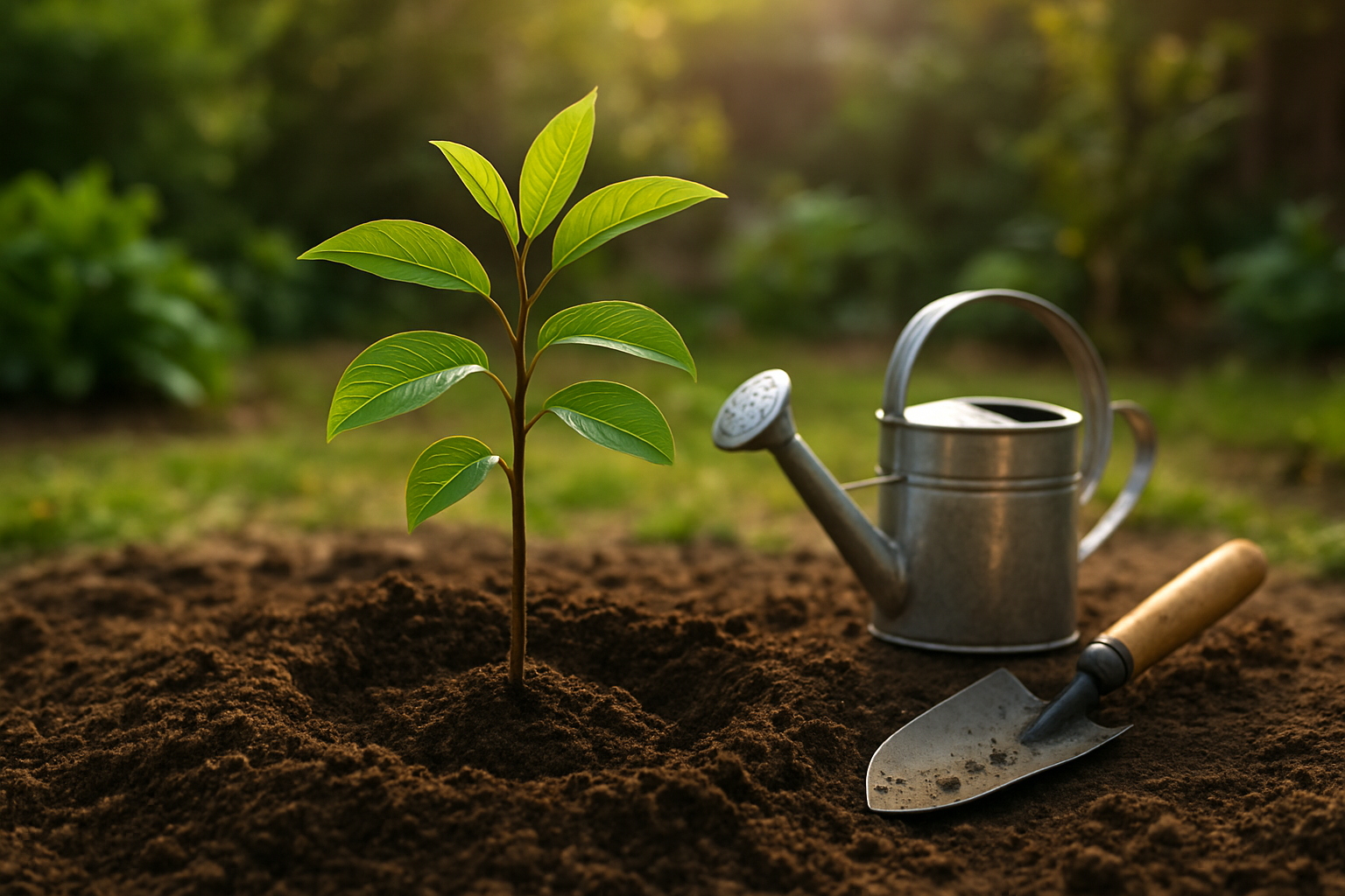 Create a realistic image of a young custard apple tree sapling being planted in rich, dark soil in a home garden setting, with gardening tools like a small shovel and watering can nearby, healthy green leaves visible on the small tree, warm natural sunlight filtering through, residential backyard atmosphere with other garden plants softly blurred in the background, peaceful and nurturing mood suggesting successful home cultivation, absolutely NO text should be in the scene.