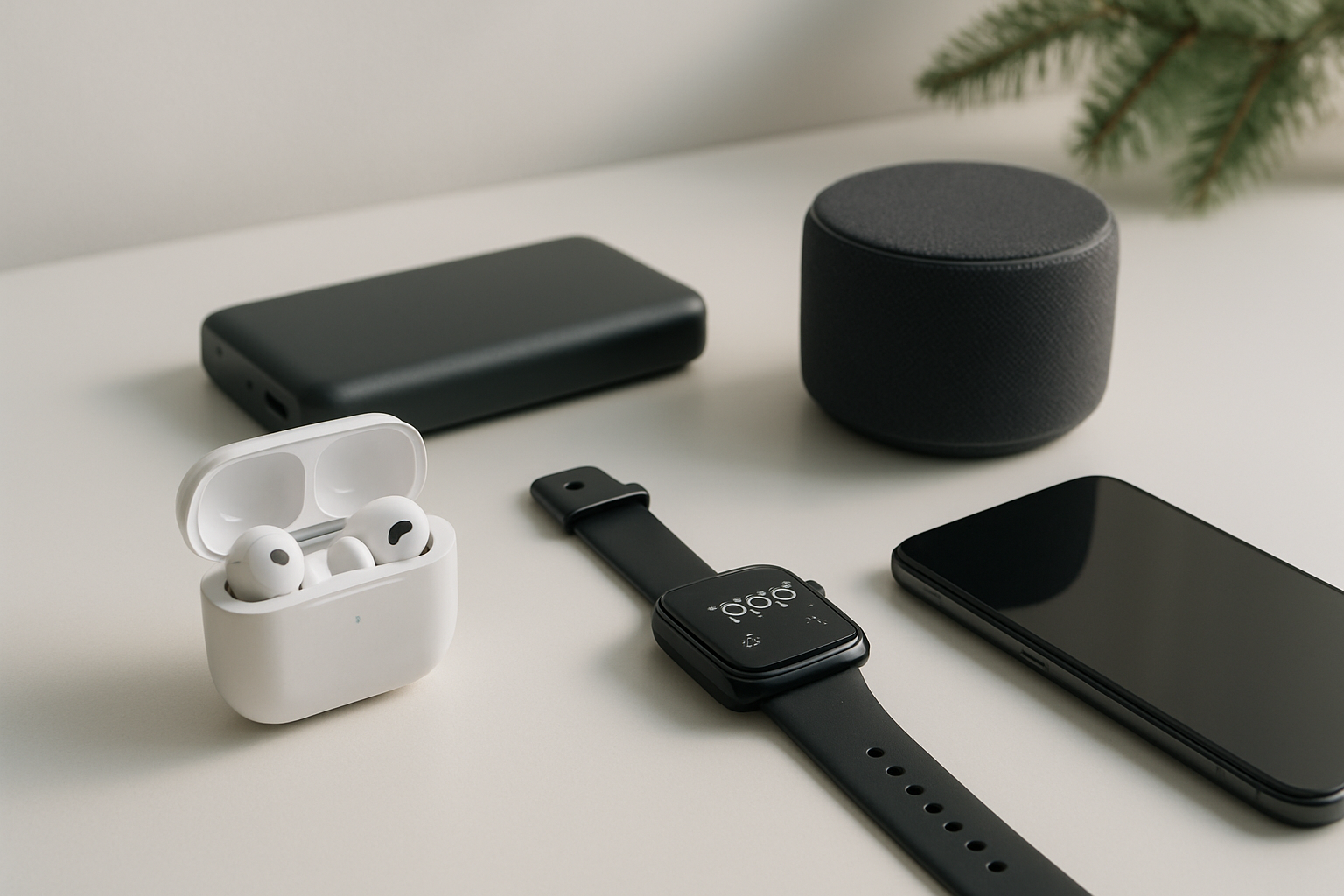 Create a realistic image of modern tech gadgets arranged on a clean white desk surface, including wireless earbuds in an open charging case, a smartwatch with digital display, a portable phone charger power bank, a bluetooth speaker, and a smartphone, with soft natural lighting from the side creating gentle shadows, featuring a minimalist contemporary background with subtle holiday decorations like a small pine branch in the corner, conveying a gift-giving atmosphere perfect for young adults, absolutely NO text should be in the scene.