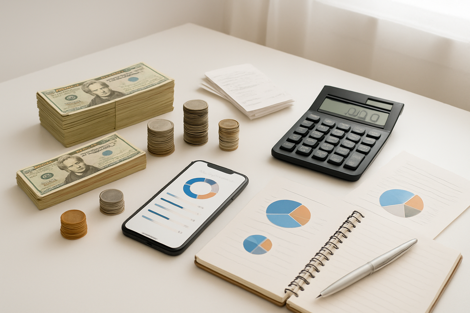 Create a realistic image of a clean, organized desk scene with multiple expense categories represented by neat stacks of cash, coins, and receipts arranged in separate groups, a calculator displaying numbers, a smartphone showing a budgeting app interface, and a notebook with pie charts and percentage breakdowns visible, all set against a bright white background with soft natural lighting from a window, creating a professional and methodical atmosphere that conveys strategic financial planning and careful money management, absolutely NO text should be in the scene.