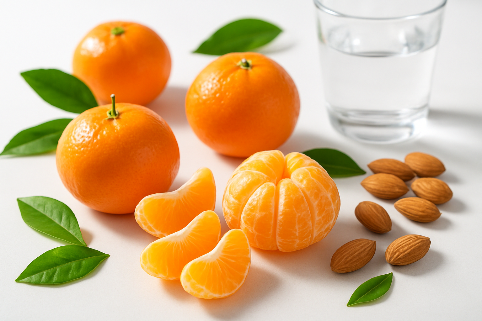 Create a realistic image of fresh clementine oranges arranged on a clean white surface with some peeled segments displayed alongside whole fruits, surrounded by subtle visual elements representing health and nutrition like fresh green leaves, a few almonds, and a glass of clear water, shot in bright natural lighting that highlights the vibrant orange color and juicy texture of the clementines, creating a fresh and healthy mood that emphasizes the nutritional benefits of the fruit, absolutely NO text should be in the scene.
