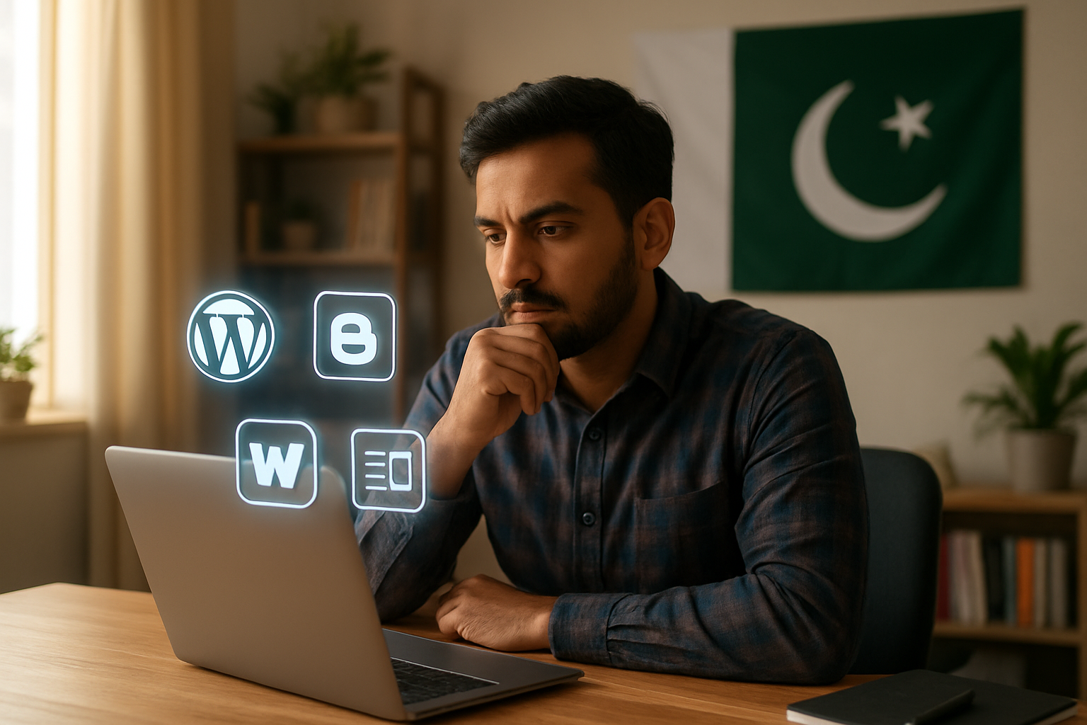Create a realistic image of a Pakistani male blogger sitting at a modern desk with a laptop open, surrounded by floating holographic icons representing different blogging platforms like WordPress, Blogger, and Wix, with the Pakistani flag subtly visible in the background, warm natural lighting coming through a window, the person appearing thoughtful while comparing options, modern home office setting with books and plants, professional yet approachable atmosphere, absolutely NO text should be in the scene.