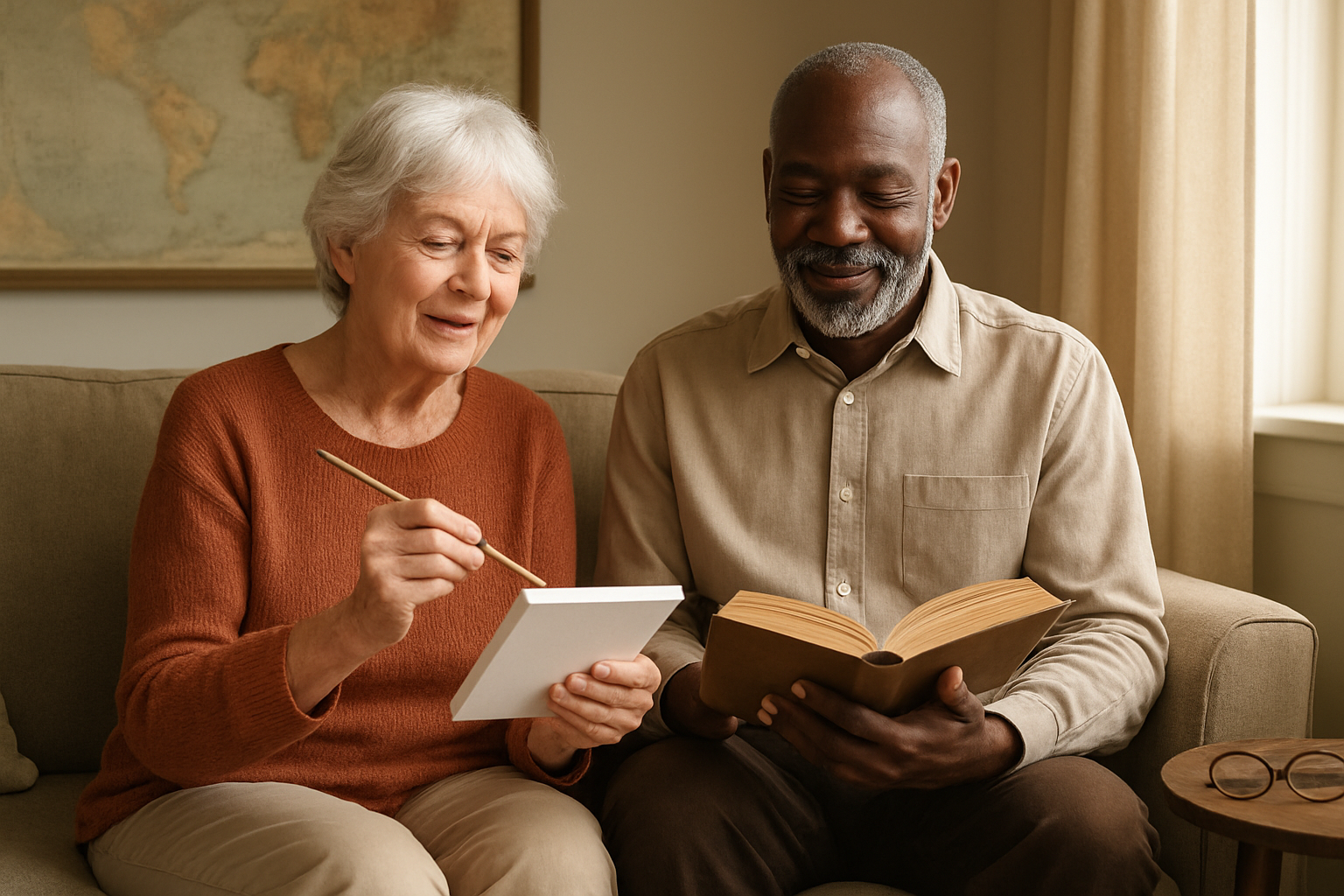 Create a realistic image of an elderly white female and black male sitting together on a comfortable couch in a warm, well-lit living room, with the woman holding a paintbrush and small canvas while the man reads from an open book, surrounded by subtle elements including a world map on the wall, reading glasses on a side table, and soft natural lighting streaming through a window, conveying a sense of fulfillment, learning, and peaceful accomplishment, absolutely NO text should be in the scene.