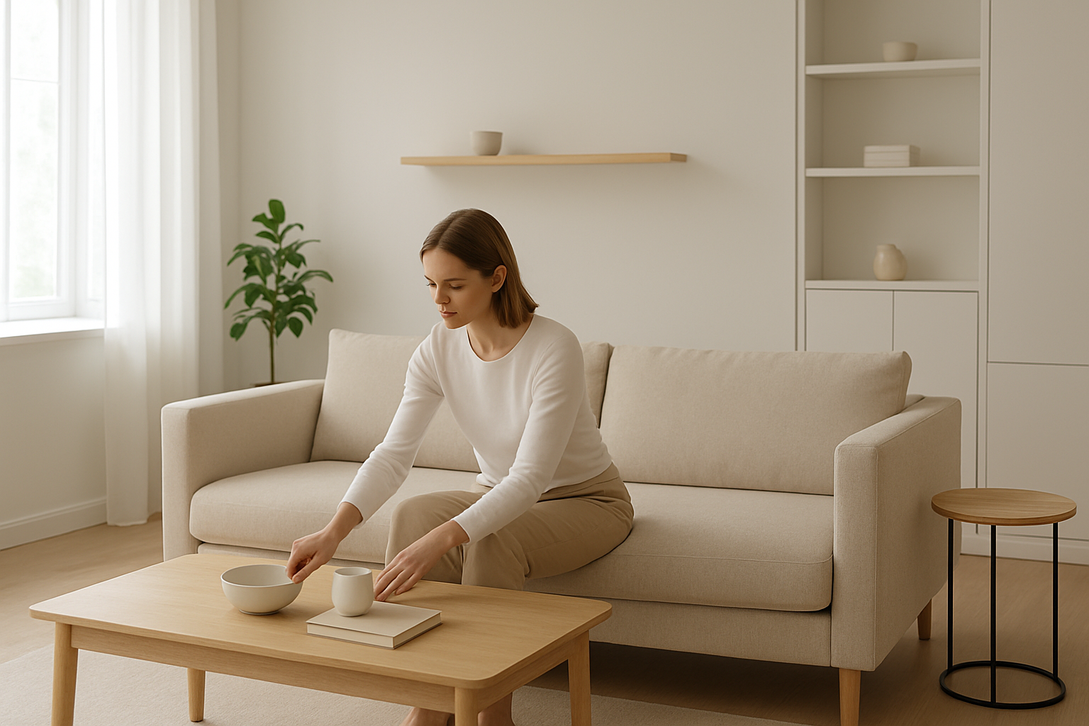 Create a realistic image of a clean, minimalist living room featuring a white female sitting on a simple beige sofa, arranging a few carefully selected items on a light wood coffee table, with white walls, natural lighting from large windows, a single potted plant, built-in storage solutions, and open space with functional furniture pieces like floating shelves and a sleek side table, emphasizing organization and purposeful design elements in neutral tones of white, beige, and natural wood. Absolutely NO text should be in the scene.