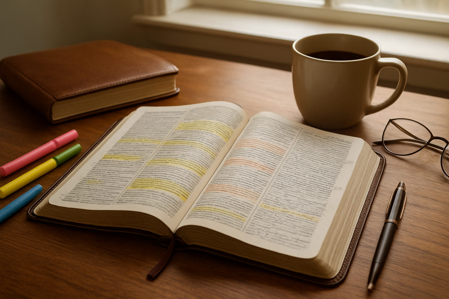 Create a realistic image of an open Bible with highlighted verses and handwritten notes in the margins, surrounded by study materials including a leather-bound journal, colorful highlighters, and a pen, all arranged on a warm wooden desk surface near a window with soft natural morning light streaming in, creating a peaceful and focused atmosphere for deep scripture study, with a warm coffee mug and reading glasses nearby to enhance the contemplative mood, absolutely NO text should be in the scene.