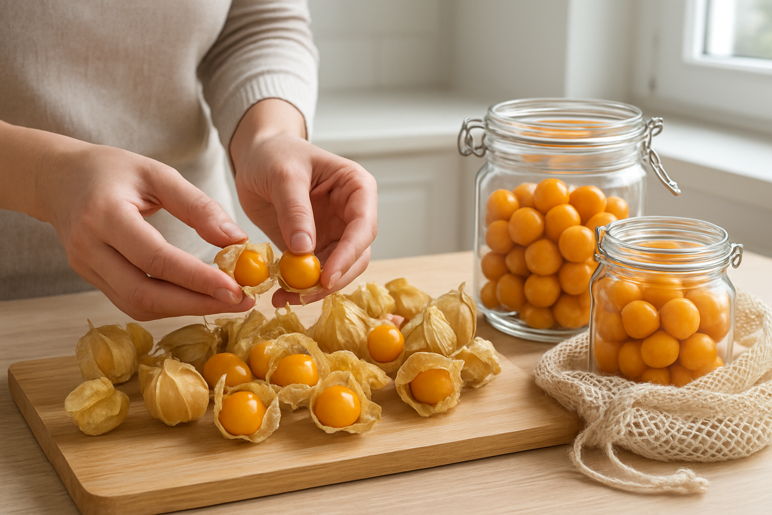 Create a realistic image of fresh golden uchuva fruits (goldenberries) with their papery husks, some opened to reveal the bright orange-yellow berries inside, arranged on a clean wooden cutting board alongside proper storage containers including glass jars and mesh produce bags, with hands of a white female gently selecting and examining the quality of individual uchuva fruits, set in a bright modern kitchen with natural lighting from a nearby window, creating an educational scene about proper fruit selection and storage techniques, absolutely NO text should be in the scene.