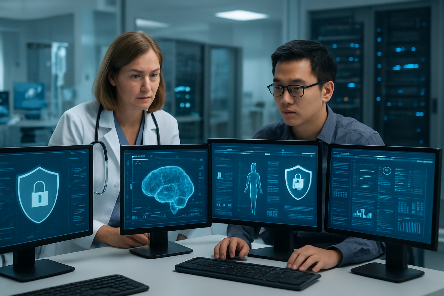 Create a realistic image of a modern hospital control room with multiple computer monitors displaying AI diagnostic interfaces and patient data analytics, featuring a diverse team including a white female doctor in a lab coat and an Asian male IT specialist working together at workstations, with digital security symbols and privacy shields overlaying some screens, bright clinical lighting illuminating the high-tech environment with servers and medical equipment visible in the background, conveying a sense of advanced technology balanced with careful data protection protocols, absolutely NO text should be in the scene.