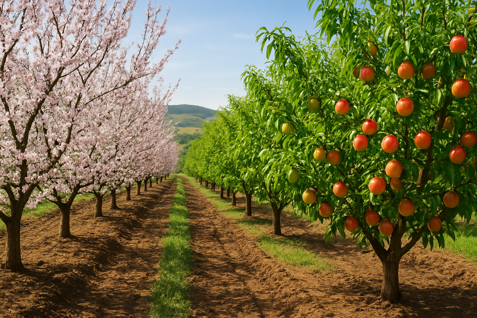 Create a realistic image of nectarine trees in an orchard during different seasons showing the growing cycle, with some trees in full bloom with pink and white blossoms in spring, others with green developing fruits in summer, and mature trees heavy with ripe golden-red nectarines ready for harvest, set against rolling hills under bright sunlight with rich fertile soil visible between the tree rows, conveying the natural agricultural environment where nectarines thrive throughout their growing season, absolutely NO text should be in the scene.