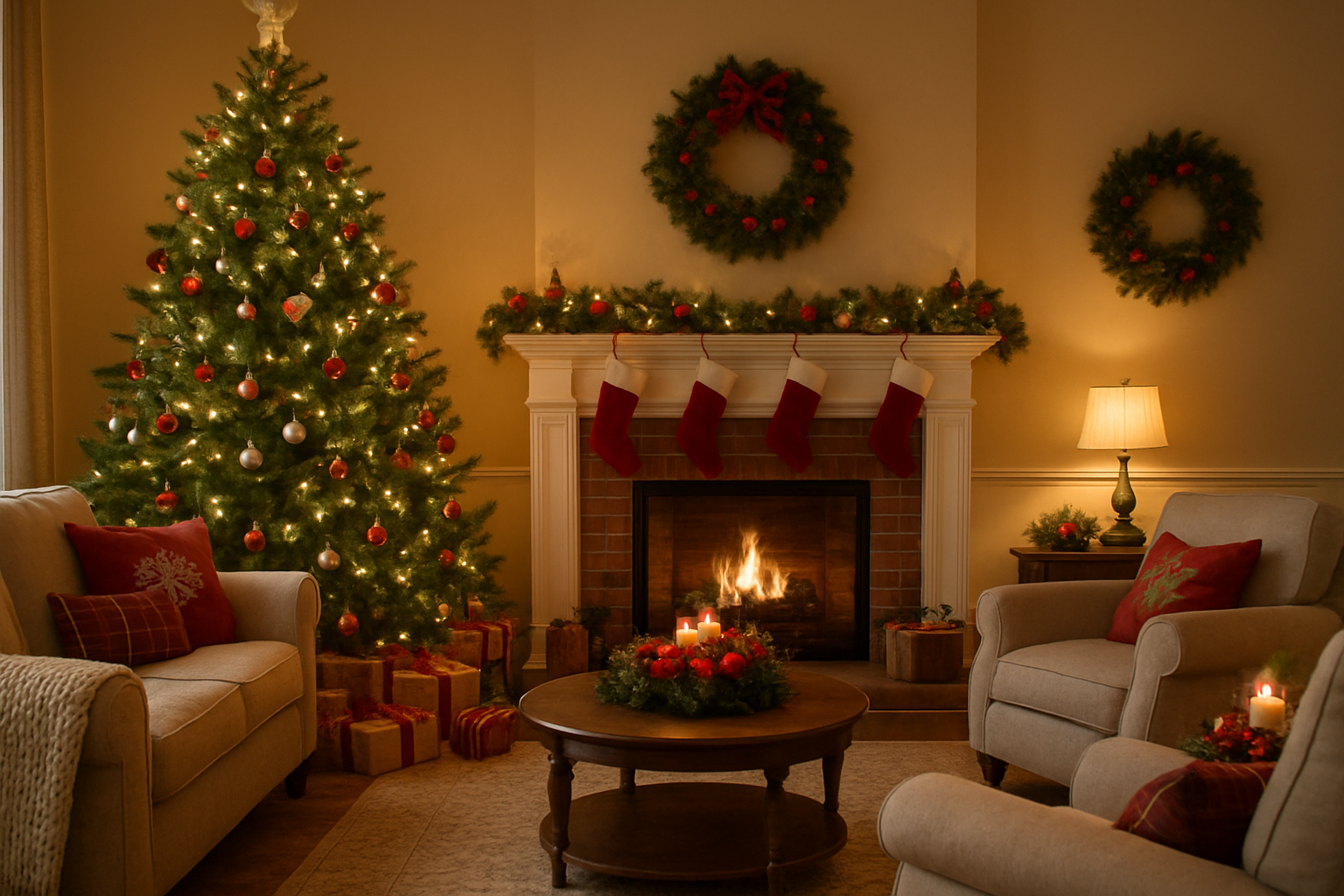 Create a realistic image of a beautifully decorated living room transformed for Christmas with a large evergreen Christmas tree adorned with colorful ornaments and warm white lights, red and gold garlands draped along the mantelpiece above a fireplace with stockings hanging, comfortable seating arranged in a circular pattern with festive throw pillows and blankets, wrapped presents scattered under the tree, holiday centerpieces on side tables, soft warm lighting from table lamps and the fireplace creating a cozy atmosphere, pine wreaths on the walls, and candy canes and holly decorations throughout the space, all creating an inviting family gathering environment, absolutely NO text should be in the scene.