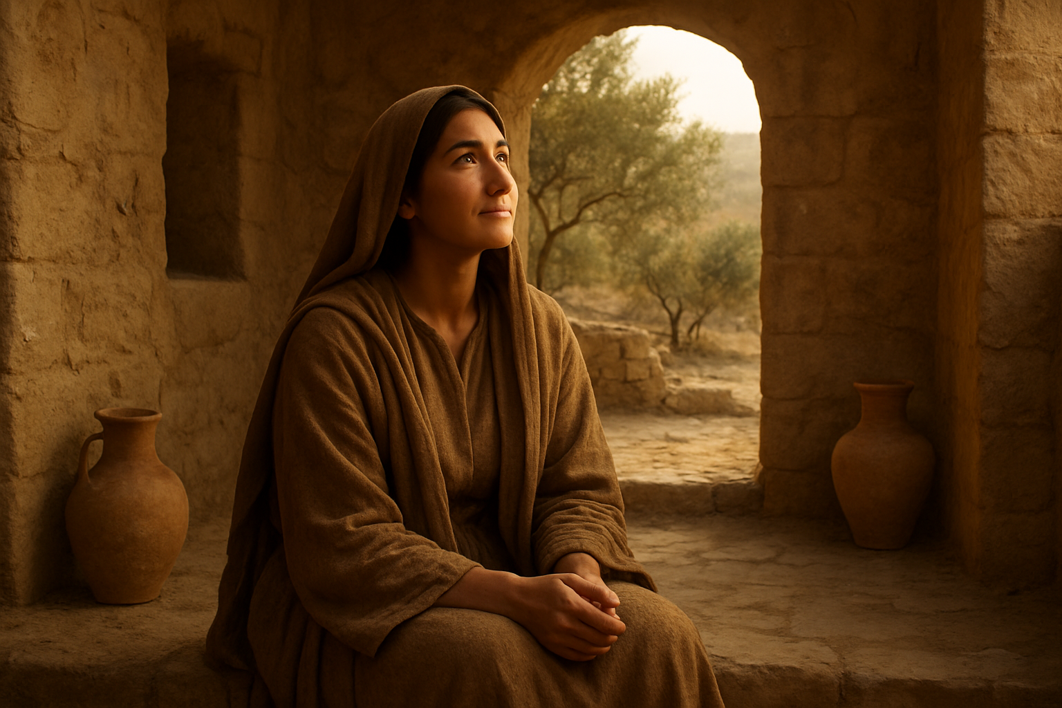 Create a realistic image of a Middle Eastern woman with olive skin and dark hair sitting quietly in a simple stone courtyard, her hands folded in her lap as she gazes upward with a peaceful, hopeful expression, wearing earth-toned robes typical of ancient biblical times, surrounded by weathered stone walls and clay pottery, with soft golden sunlight filtering through an archway casting gentle shadows, conveying a sense of quiet patience and spiritual waiting during difficult circumstances, with desert landscape visible in the background and a few olive trees nearby. Absolutely NO text should be in the scene.
