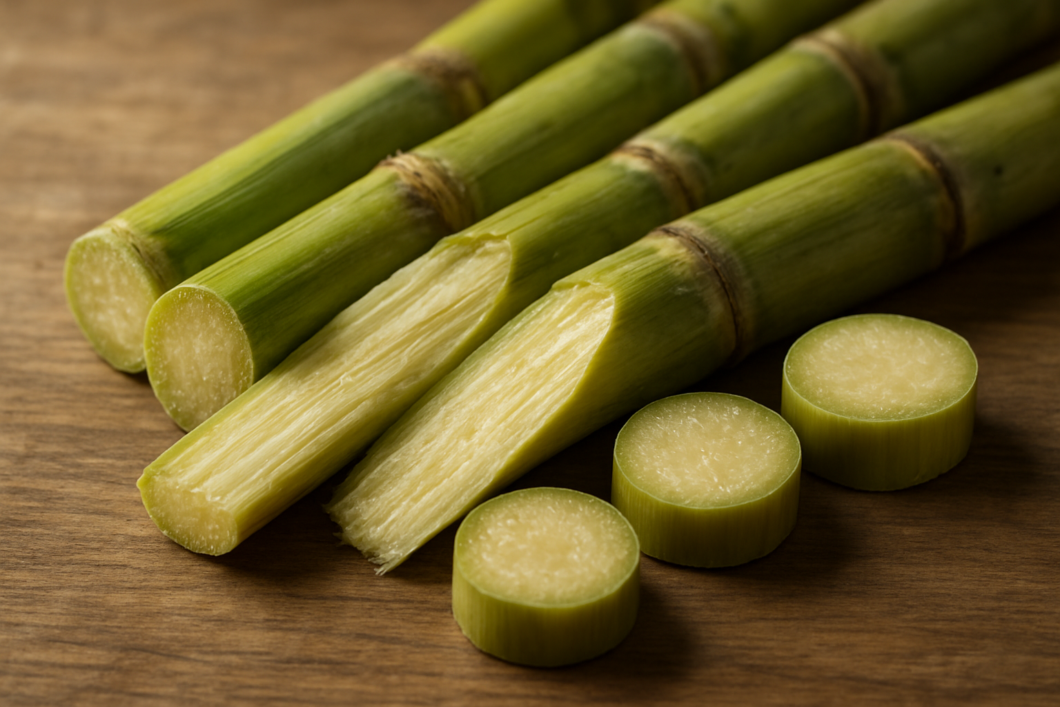 Create a realistic image of fresh sugar cane stalks cut open to reveal their fibrous interior, displayed alongside cross-sections showing the juicy pulp inside, with some whole sugar cane stalks in the background, arranged on a natural wooden surface with soft natural lighting that emphasizes the texture and moisture of the plant material, creating an educational and informative mood that clarifies the botanical nature of sugar cane as a grass rather than a fruit-bearing plant, absolutely NO text should be in the scene.