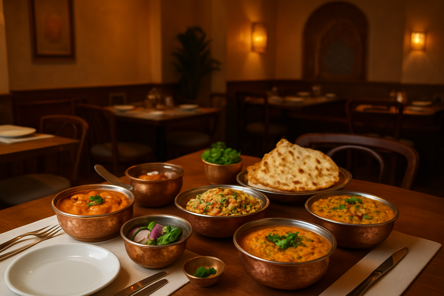 image of a well-presented Indian vegetarian restaurant interior in Singapore, featuring a beautifully arranged dining table with colorful authentic Indian veg dishes such as paneer curry, dal, fresh naan, and vegetable biryani served in traditional copper or brass bowls, accompanied by a clean and inviting ambiance with warm golden lighting, elegant decor with subtle Indian cultural elements, and a neatly set table with fresh ingredients visible, conveying quality, freshness, and authenticity, with a cozy yet sophisticated dining atmosphere. Absolutely NO text should be in the scene.