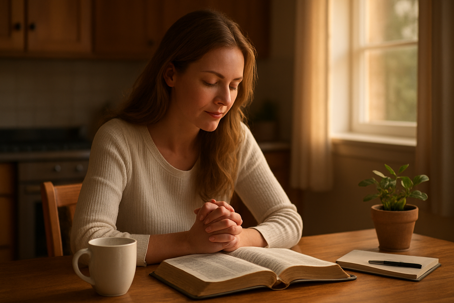 Create a realistic image of a peaceful morning scene showing a white female sitting at a wooden kitchen table with an open Bible beside a steaming cup of coffee, soft golden sunlight streaming through a nearby window illuminating the pages, a small potted plant and journal with a pen nearby, creating a serene atmosphere of quiet reflection and hope, with warm natural lighting and a cozy home interior background. Absolutely NO text should be in the scene.