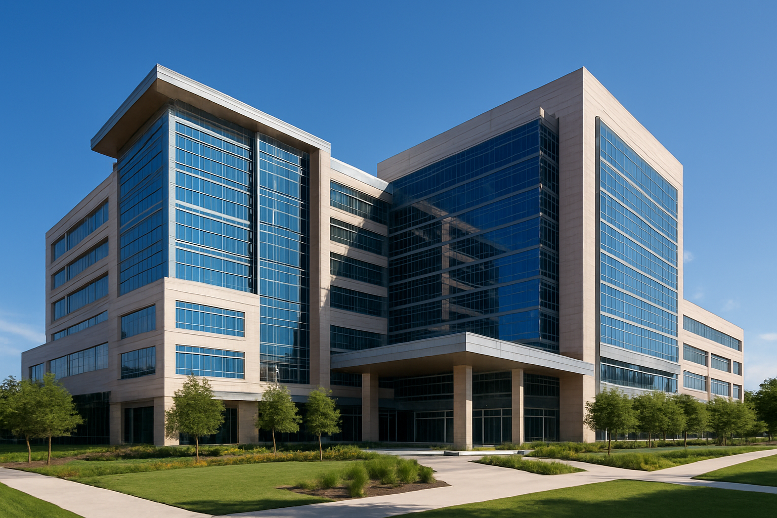 Create a realistic image of the MD Anderson Cancer Center hospital building exterior in Houston, showing a modern multi-story medical facility with glass windows and contemporary architecture, featuring the distinctive building design with clean lines and professional healthcare facility aesthetics, set against a clear blue sky with well-maintained landscaping and walkways in the foreground, captured in bright natural daylight that conveys a sense of hope and advanced medical care, absolutely NO text should be in the scene.
