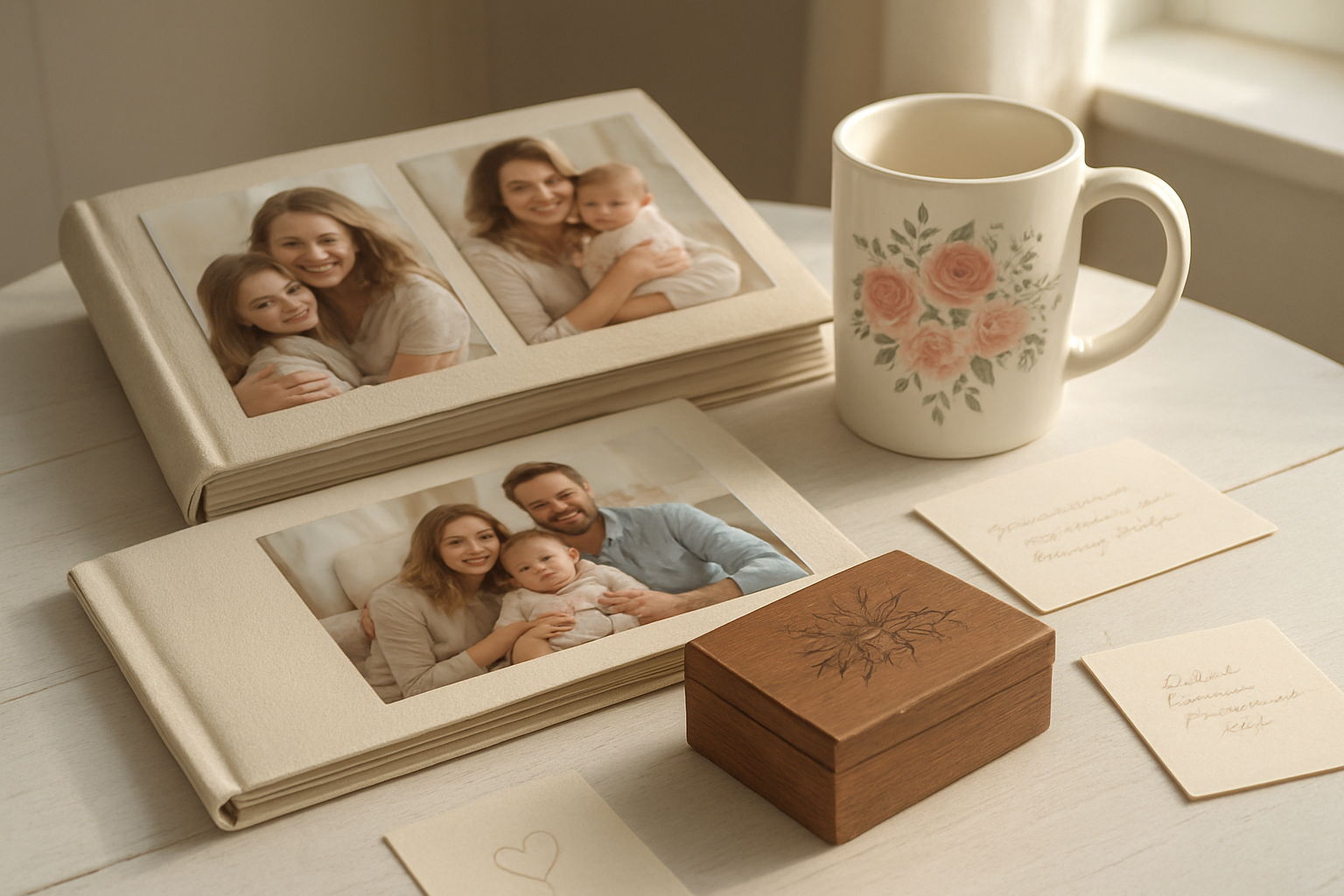 Create a realistic image of personalized Mother's Day gifts arranged on a clean white wooden table including a custom photo album with family pictures, an engraved jewelry box, a personalized coffee mug with floral design, and handwritten cards scattered nearby, soft natural lighting streaming through a window creating gentle shadows, warm and intimate atmosphere with pastel colors, absolutely NO text should be in the scene.