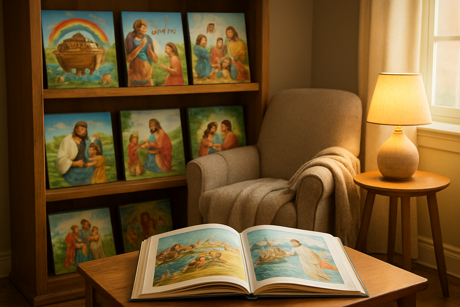 Create a realistic image of a cozy reading corner with a wooden bookshelf displaying colorful children's Bible story books with illustrated covers featuring Noah's ark, David and Goliath, and Jesus with children, a comfortable reading chair with a soft throw blanket, a small side table with a warm lamp casting gentle light, and a few Bible storybooks open to show vibrant illustrations of biblical scenes, all set in a peaceful home library environment with warm natural lighting streaming through a window, absolutely NO text should be in the scene.