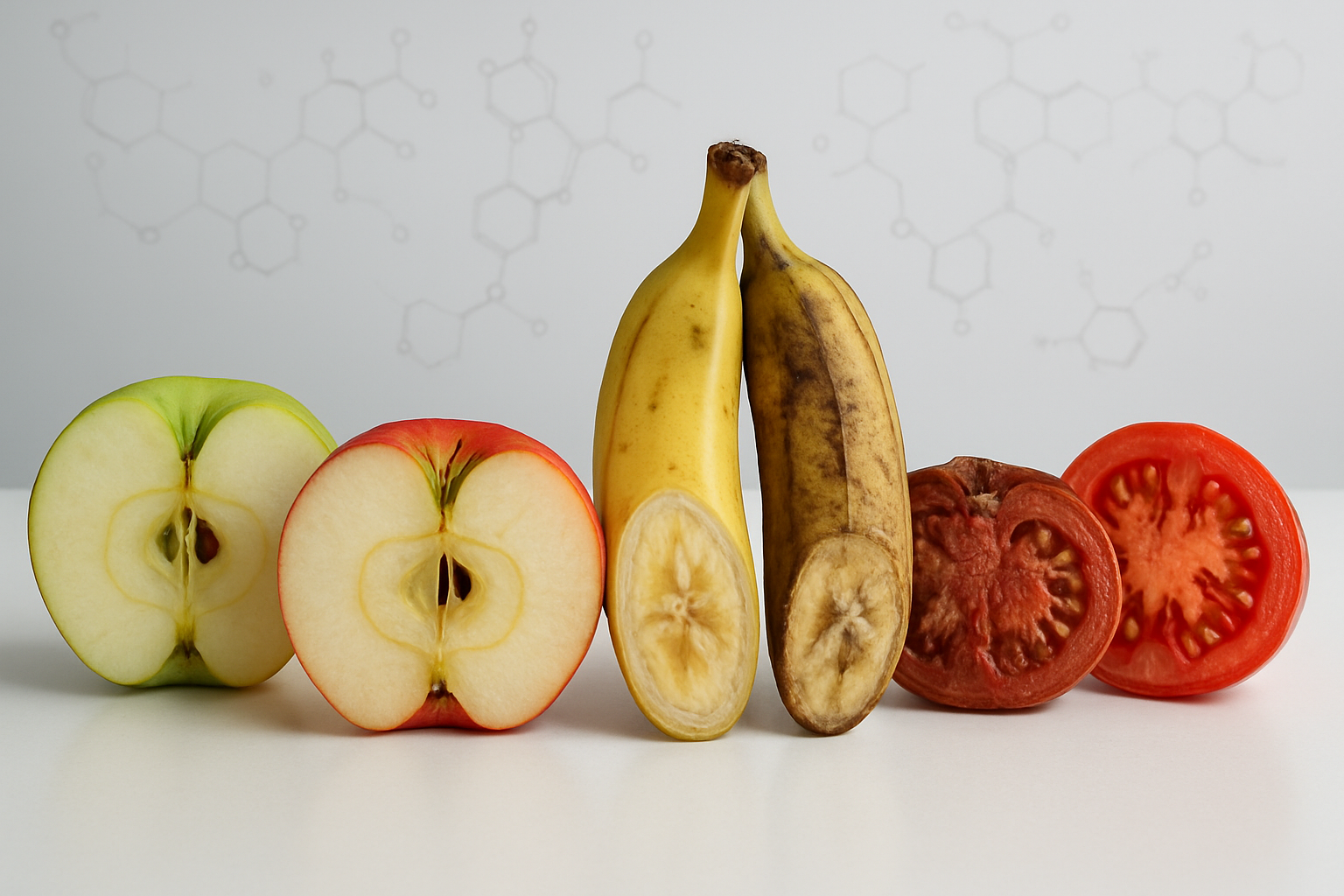 Create a realistic image of a scientific cross-section view showing the cellular structure of fruits at different ripening stages, featuring half-cut apples, bananas, and tomatoes displaying their internal anatomy with visible cell walls, moisture content, and enzymatic changes, arranged on a clean white laboratory surface with soft, even lighting that highlights the textural differences between fresh and overripe specimens, complemented by subtle chemical molecular structures floating ethereally in the background to represent the biological processes occurring during ripening and spoilage. Absolutely NO text should be in the scene.