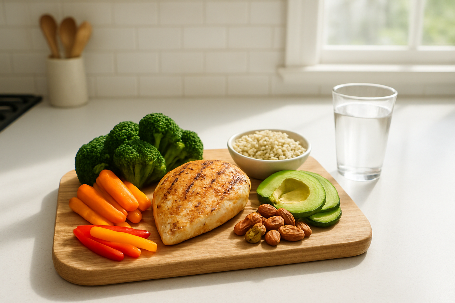 Create a realistic image of a clean white kitchen counter with a wooden cutting board displaying a perfectly arranged balanced meal framework showing colorful fresh vegetables like broccoli carrots and bell peppers, lean protein such as grilled chicken breast, whole grains like quinoa in a small bowl, healthy fats represented by avocado slices and nuts, with a glass of water nearby, natural daylight streaming through a window creating soft shadows, modern kitchen background with subtle cooking utensils visible, emphasizing organization and meal planning preparation, absolutely NO text should be in the scene.