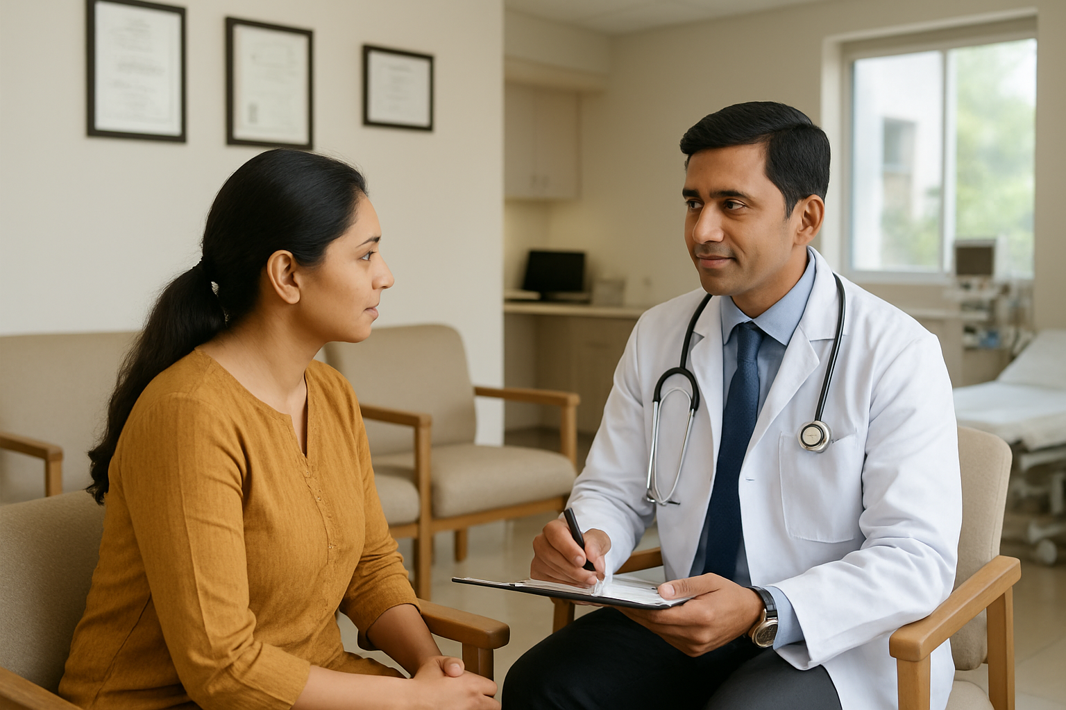Create a realistic image of a modern medical clinic interior in India with a professional Indian male doctor in a white coat consulting with an Indian female patient, showing a clean reception area with comfortable seating, medical certificates and diplomas displayed on walls, natural lighting from windows, conveying trust and professionalism in a healthcare setting, with medical equipment subtly visible in the background. Absolutely NO text should be in the scene.