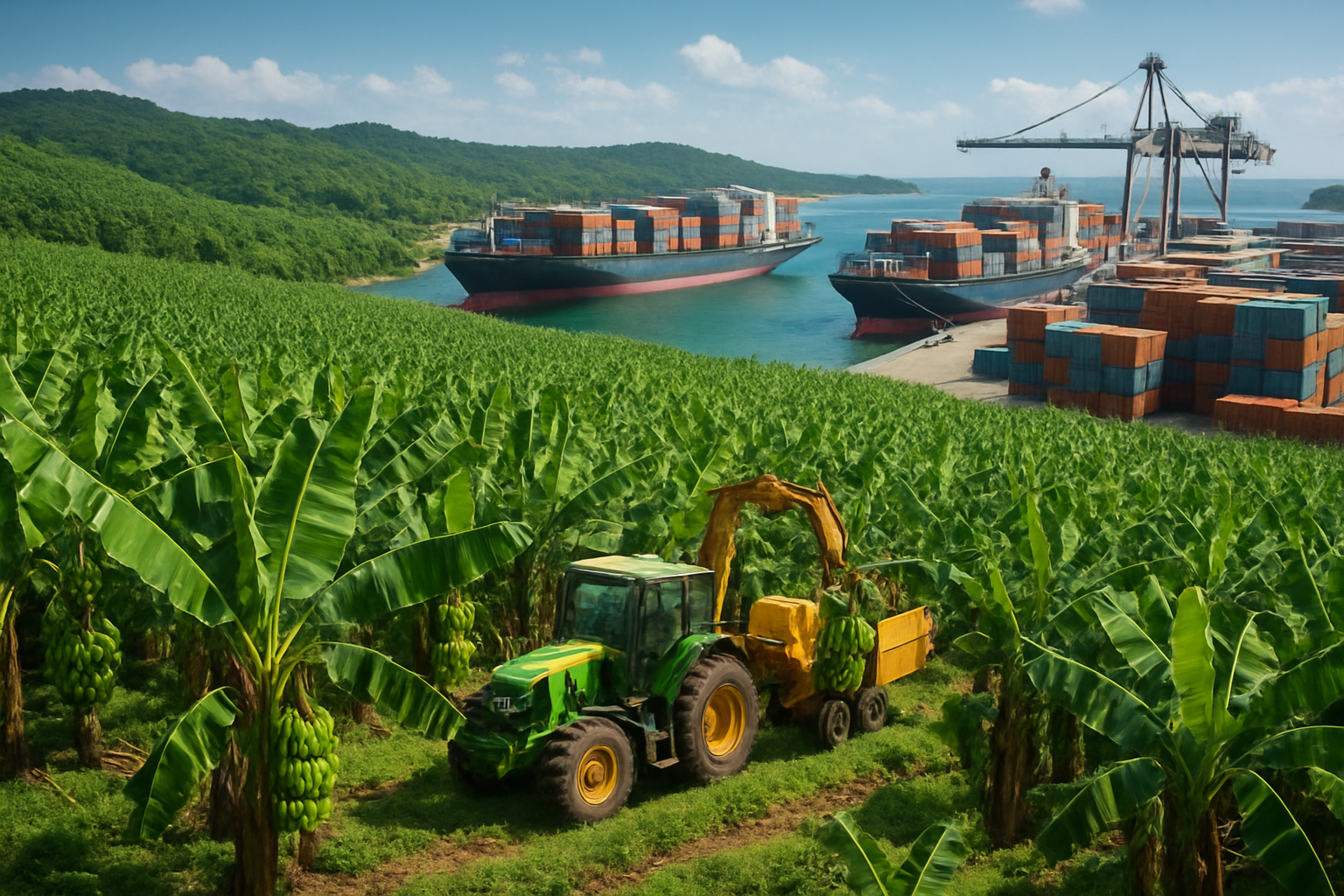 Create a realistic image of vast Cavendish banana plantations stretching across rolling hills with rows of banana trees heavy with green banana bunches, large cargo ships docked at a tropical port loading banana containers, modern agricultural machinery harvesting bananas, and international shipping containers labeled for export stacked at the port, set against a bright tropical landscape with clear blue skies and lush green vegetation, conveying the scale and commercial nature of global banana production, absolutely NO text should be in the scene.