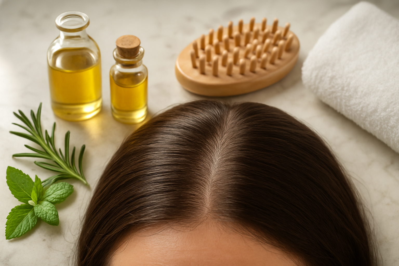 Create a realistic image of a close-up view of a healthy scalp with clean, well-maintained hair roots, surrounded by natural hair care products like organic oils in small glass bottles, a wooden scalp massage brush, fresh herbs like rosemary and mint leaves, and a clean white towel on a marble bathroom counter, with soft natural lighting creating a spa-like atmosphere that conveys ongoing scalp care and maintenance, absolutely NO text should be in the scene.