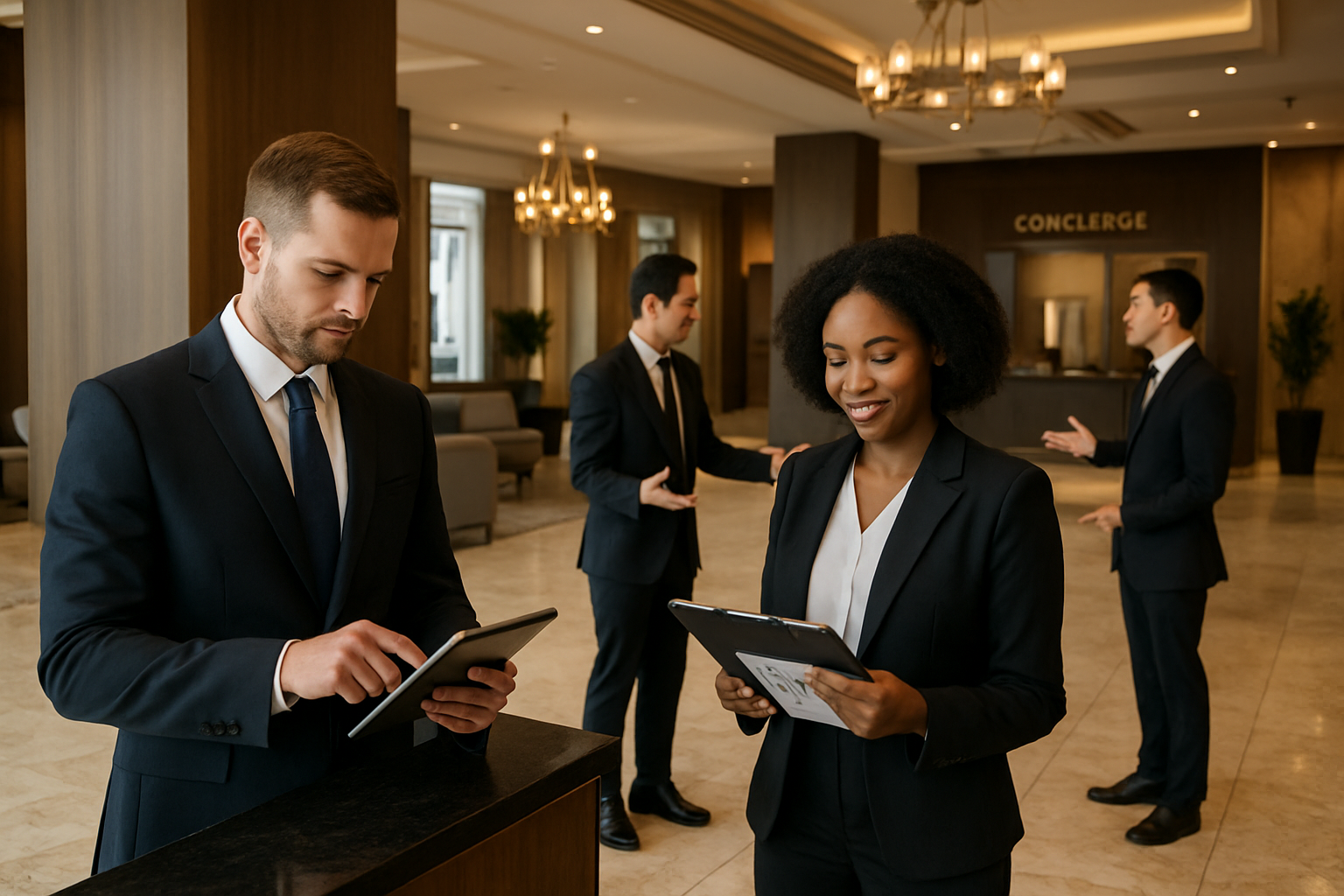 Create a realistic image of a diverse group of hotel management professionals in business attire working in a modern hotel lobby, featuring a white male manager using a tablet at the reception desk, a black female professional reviewing guest services charts, and an Asian male supervisor coordinating with staff near the concierge area, with elegant marble floors, contemporary furniture, warm ambient lighting from chandeliers, and a bustling yet professional atmosphere that showcases hospitality industry expertise in action. Absolutely NO text should be in the scene.