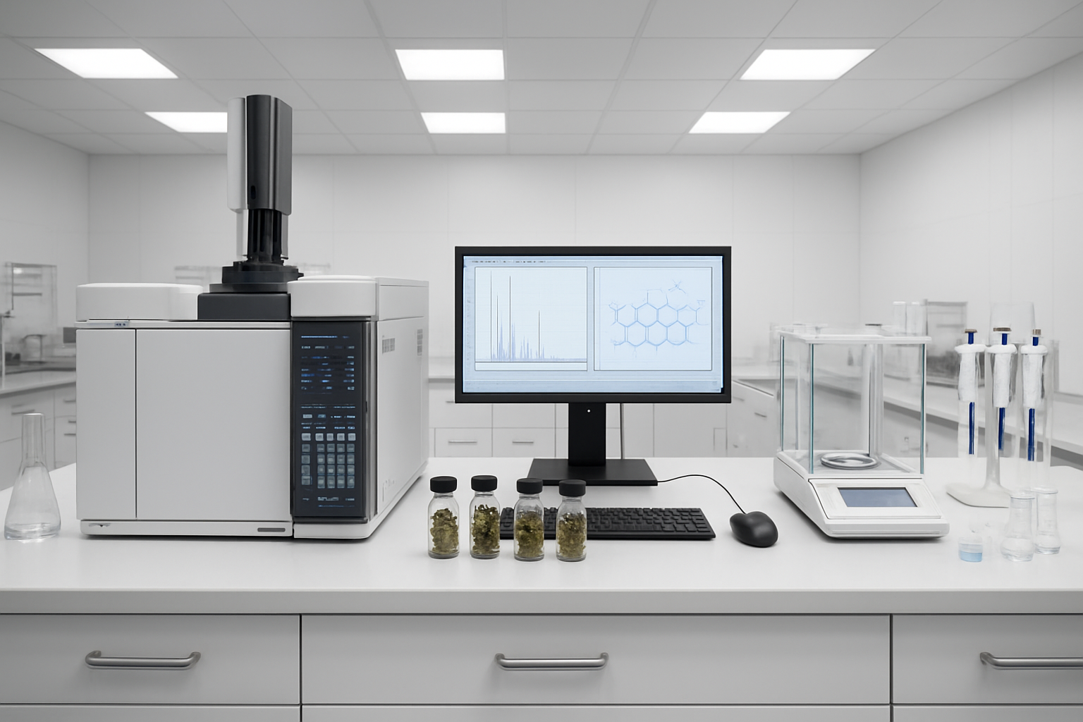 Create a realistic image of a modern laboratory testing facility showing scientific equipment for terpene analysis, featuring a gas chromatography machine with digital displays, glass vials containing cannabis samples, a computer monitor displaying chemical compound analysis charts and molecular structures, laboratory glassware and testing instruments on clean white countertops, professional laboratory lighting with bright fluorescent overhead lights, sterile white and stainless steel laboratory environment, analytical balance scale, pipettes and sample preparation tools, all arranged in an organized scientific workspace that conveys precision and accuracy in chemical testing, absolutely NO text should be in the scene.