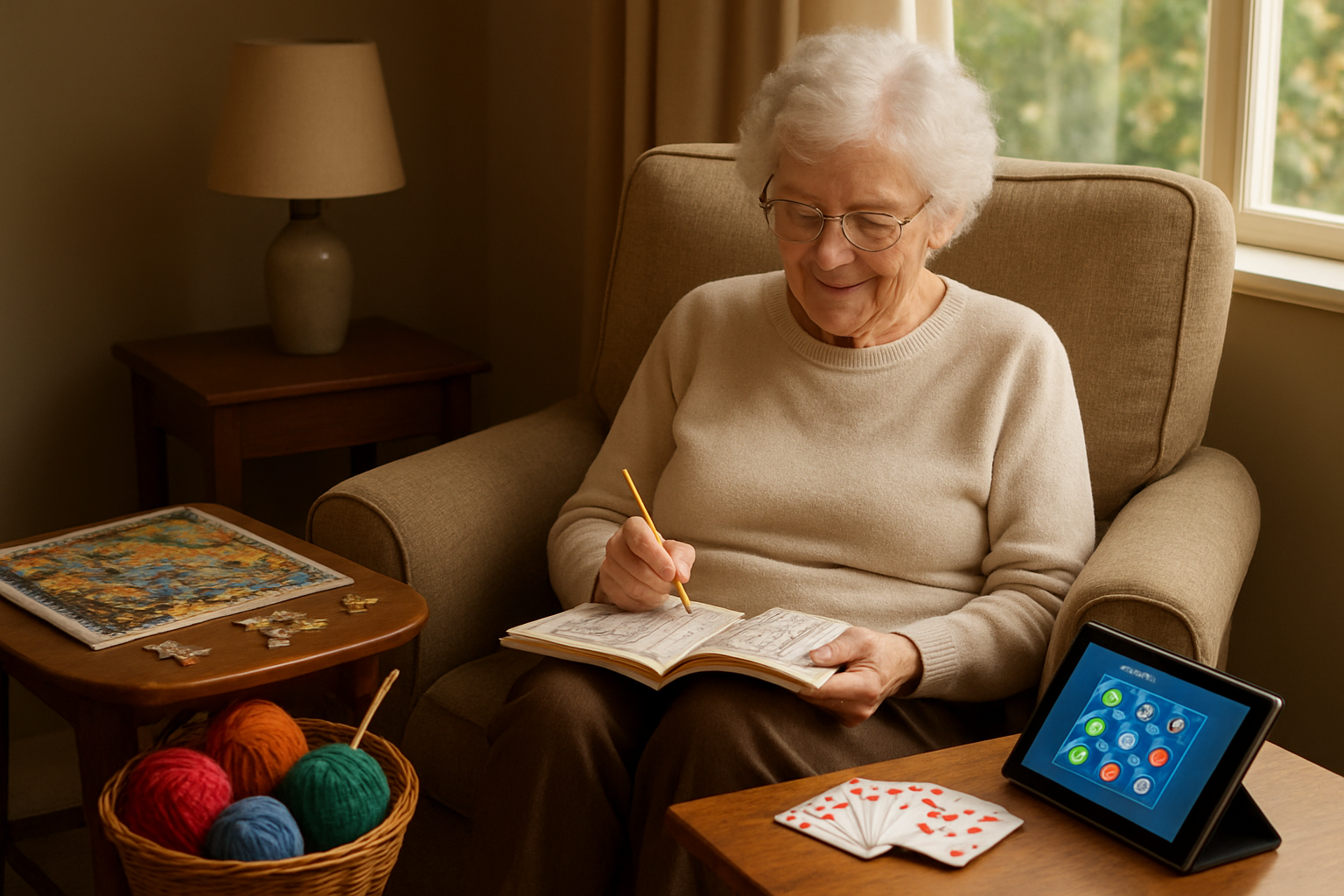 Create a realistic image of a cozy living room scene featuring an elderly white woman sitting comfortably in an armchair engaging with various hobby and entertainment items including a jigsaw puzzle on a side table, knitting needles with colorful yarn, a sudoku book, playing cards, and a tablet displaying a brain training game, with warm natural lighting streaming through a window creating a peaceful atmosphere that promotes mental stimulation and cognitive engagement, absolutely NO text should be in the scene.