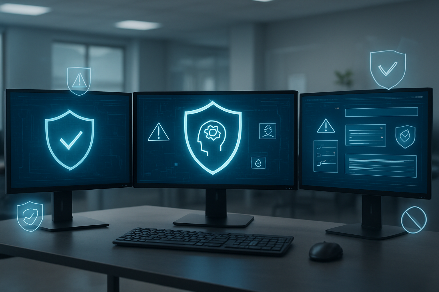 Create a realistic image of a modern computer workstation with multiple monitors displaying AI safety interfaces featuring shield icons, warning symbols, and content filtering dashboards, with a clean tech office environment in the background, professional lighting highlighting the security-focused interface elements, and digital safety icons floating subtly around the screens suggesting protective barriers and content moderation systems, absolutely NO text should be in the scene.