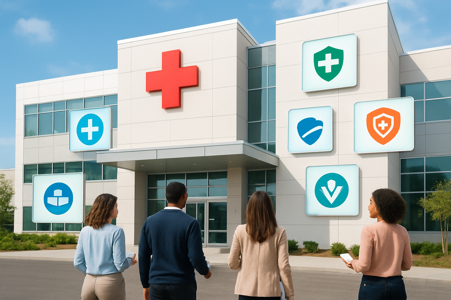 Create a realistic image of a modern hospital building exterior with a prominent medical cross symbol, surrounded by multiple insurance company logos floating or displayed on digital screens nearby, featuring a diverse group of people including white and black males and females walking towards the entrance carrying insurance cards and documents, with a clean contemporary healthcare facility backdrop, bright daylight lighting creating a welcoming and professional atmosphere, showcasing the connection between quality healthcare and comprehensive insurance coverage, absolutely NO text should be in the scene.