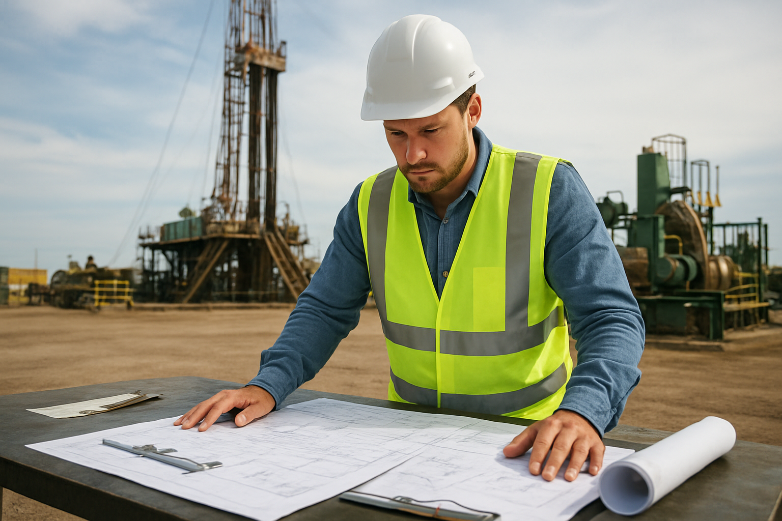Create a realistic image of a white male engineer in safety helmet and high-visibility vest examining technical blueprints and documents spread across a table at an onshore drilling rig site, with drilling equipment and machinery visible in the background, industrial setting with natural daylight, professional assessment atmosphere with measuring tools and clipboards nearby, absolutely NO text should be in the scene.