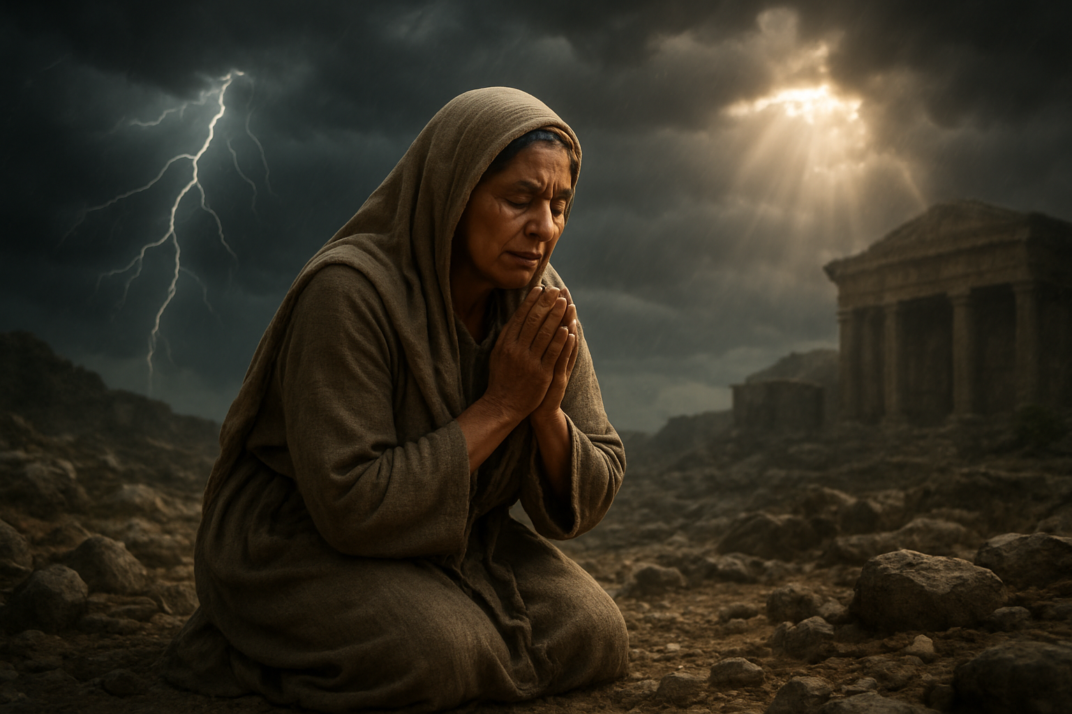 Create a realistic image of a middle-aged Middle Eastern woman in biblical-era clothing kneeling in prayer on rocky ground during a storm, with dark storm clouds overhead and lightning in the distance, her face showing peaceful determination despite the harsh weather conditions around her, ancient stone temple or building partially visible in the background, dramatic lighting with rays of sunlight breaking through the storm clouds, symbolizing strength and faith through difficult circumstances, absolutely NO text should be in the scene.