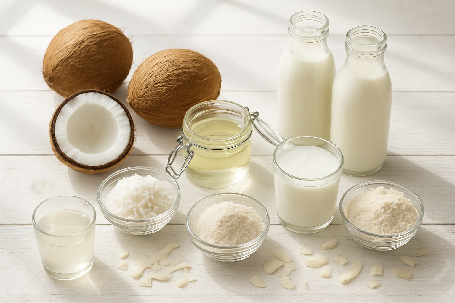 Create a realistic image of various coconut products arranged on a clean white wooden table including whole fresh coconuts, coconut oil in glass jars, coconut milk in bottles, shredded coconut in bowls, coconut flour in containers, coconut water in clear glasses, and coconut flakes scattered around, with natural daylight streaming from a window creating soft shadows, shot from above at a slight angle to showcase all products clearly, Absolutely NO text should be in the scene.