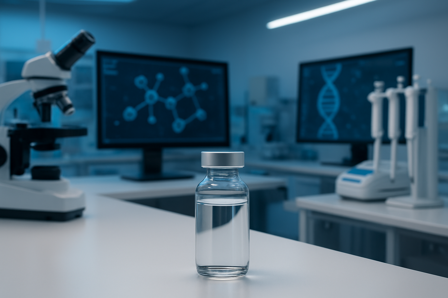 Create a realistic image of a modern laboratory setting with a sleek glass vial containing clear liquid positioned prominently on a sterile white lab bench, surrounded by high-tech microscopes and computer monitors displaying molecular structures and DNA helixes, with soft blue and white LED lighting creating a clean scientific atmosphere, laboratory equipment including pipettes and centrifuges visible in the background, the scene conveying cutting-edge medical research and innovation. Absolutely NO text should be in the scene.